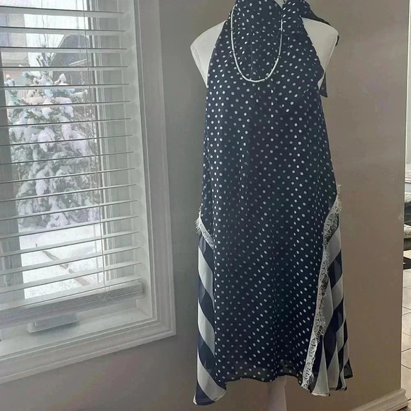 [L]Ryu Anthropologie Polka Dot Navy Blue  Whirled Tour Dress adjustable Neck Tie - Picture 2 of 16